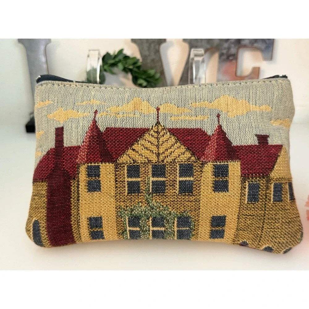 Vintage Tapestry Row Houses‎ Embroidered Style Zippered Bag Makeup Pouch 7